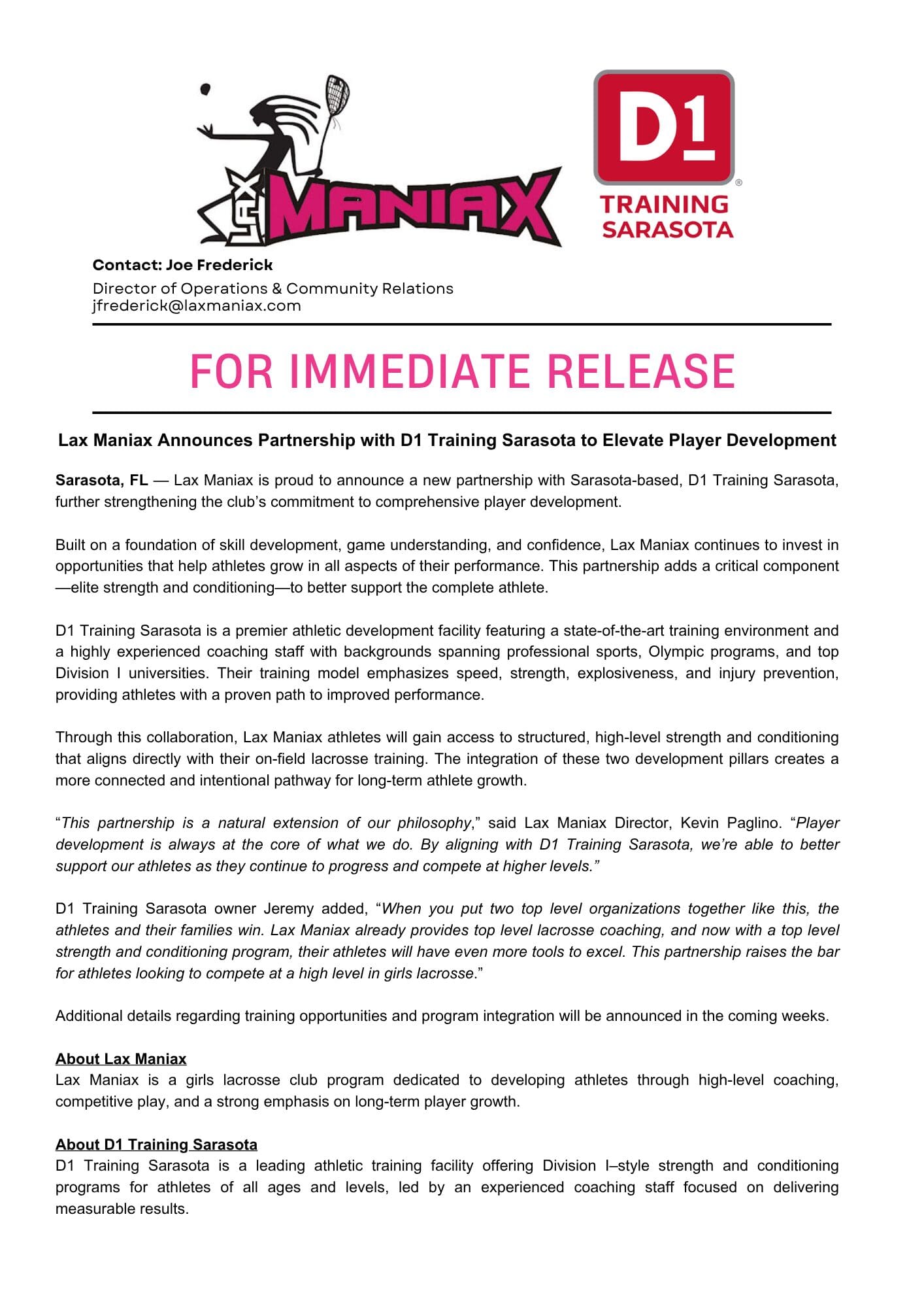FOR IMMEDIATE RELEASE